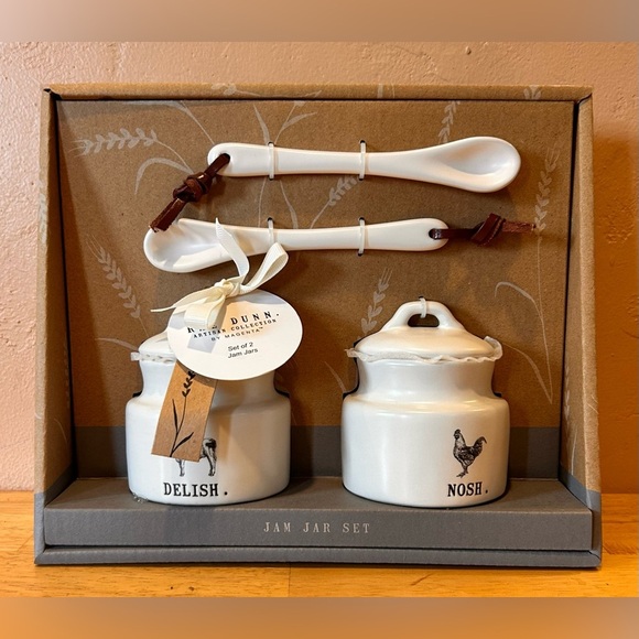 NWTS Set of 2 Ceramic Jam Jars & Spoons By Rae Dunn Artisans Collection. - Picture 1 of 5